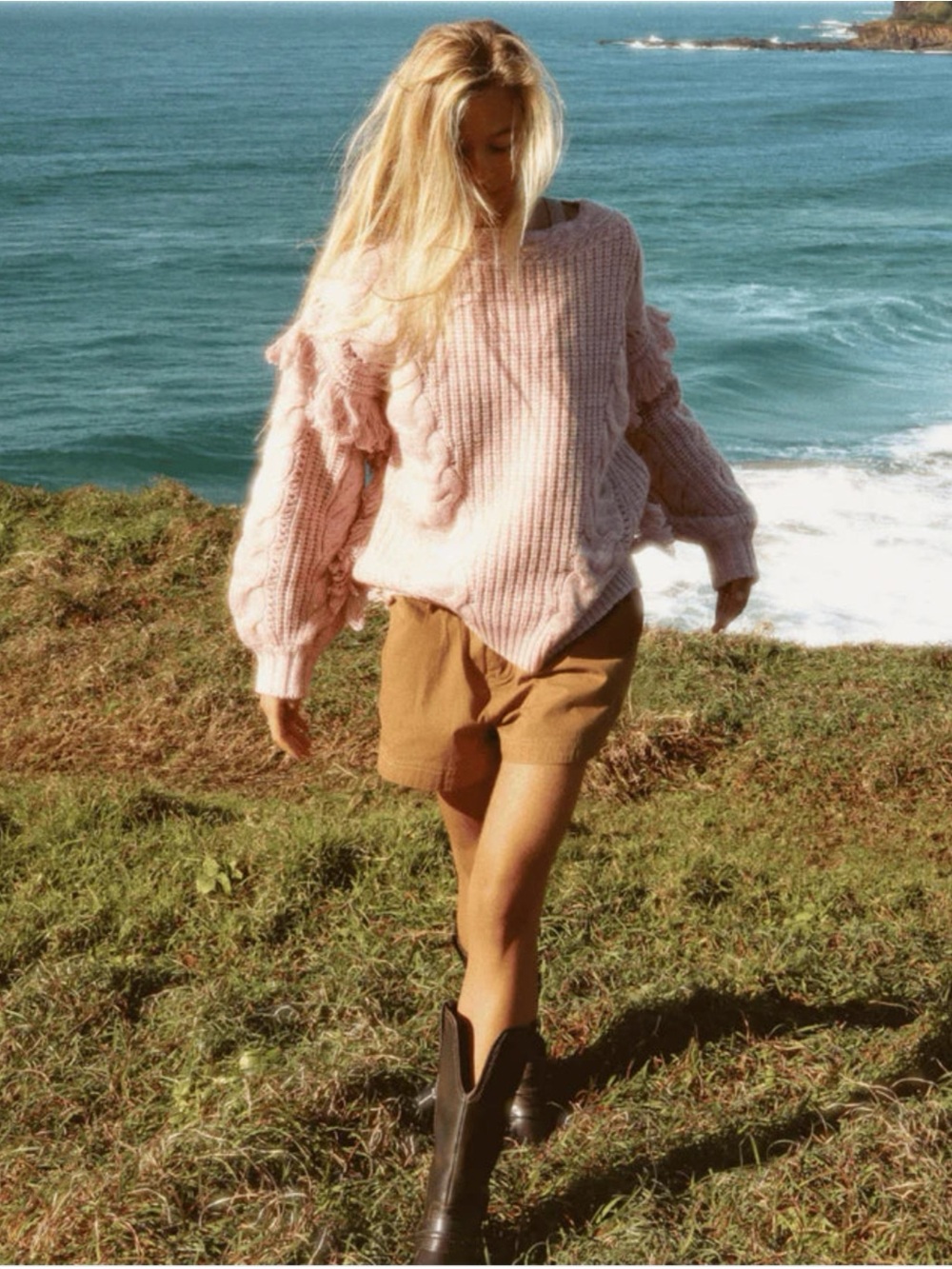 SPELL Nomadic Cable Knit Jumper Sweater with Fringe in Dusty Rose S $269